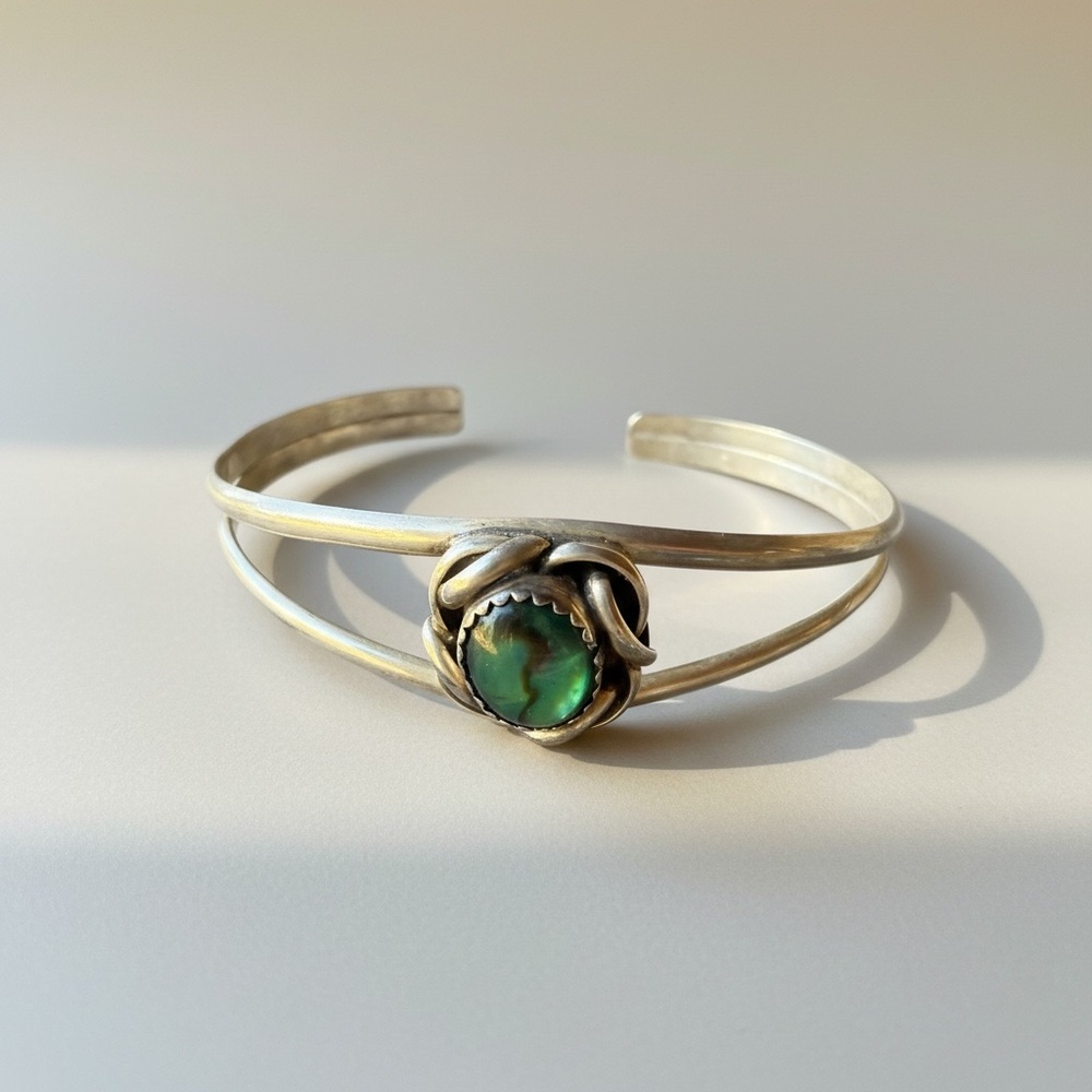 Sterling Silver Cuff Bracelet with Green Turquoise Accent - Picture 3 of 6